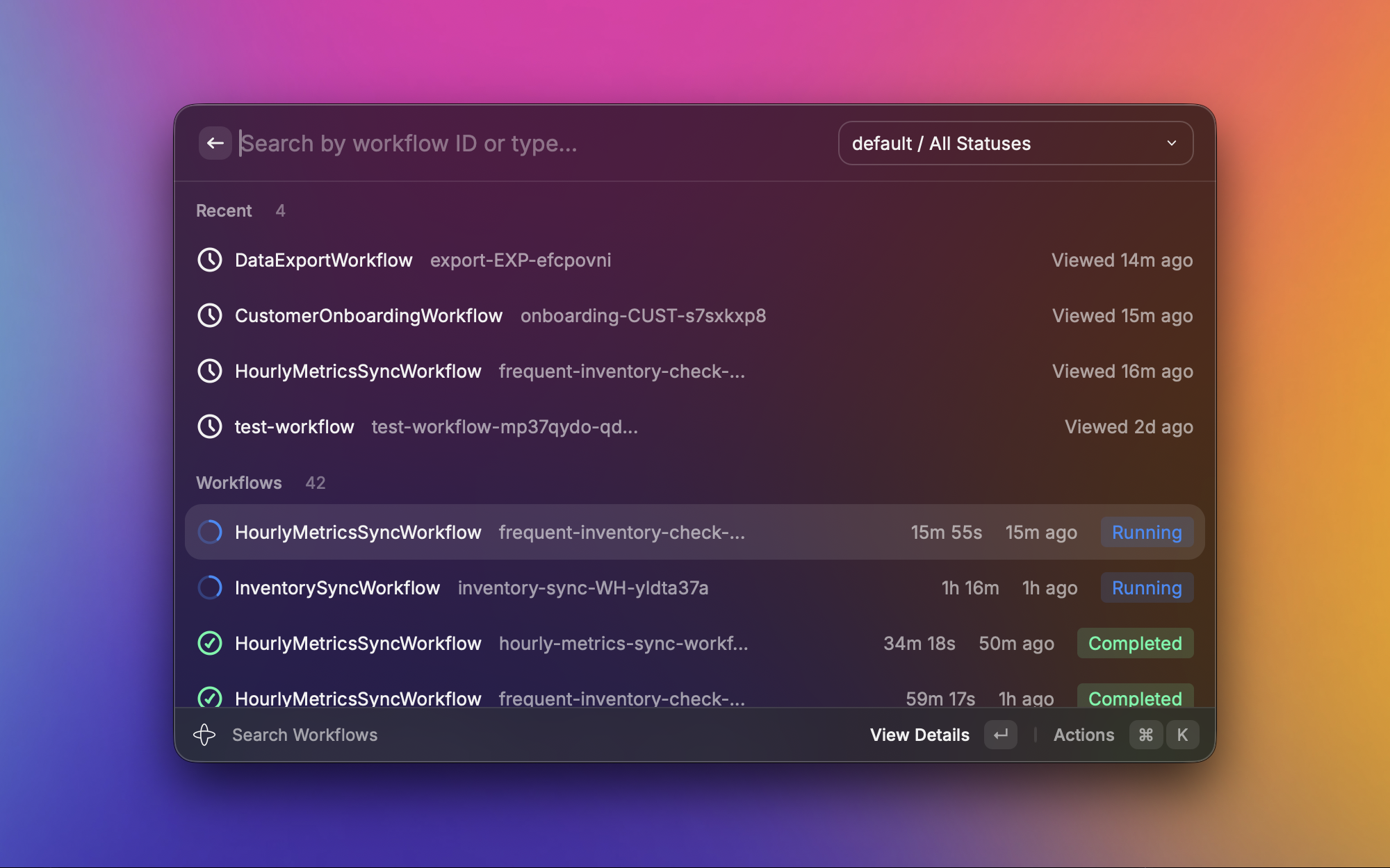Searching Temporal workflows in Raycast