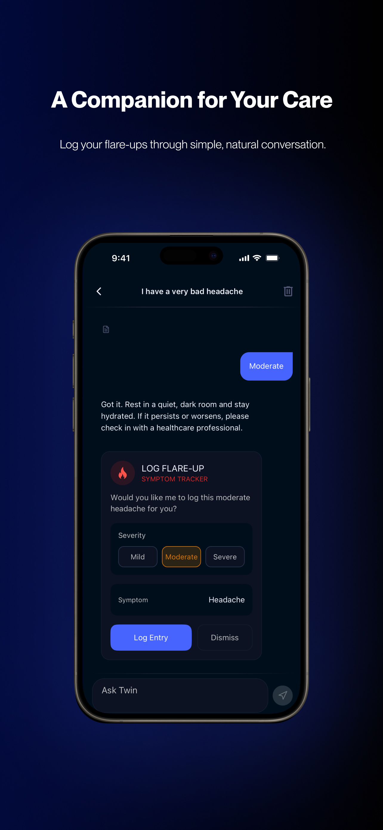 xHeal AI companion preparing a symptom entry for user confirmation