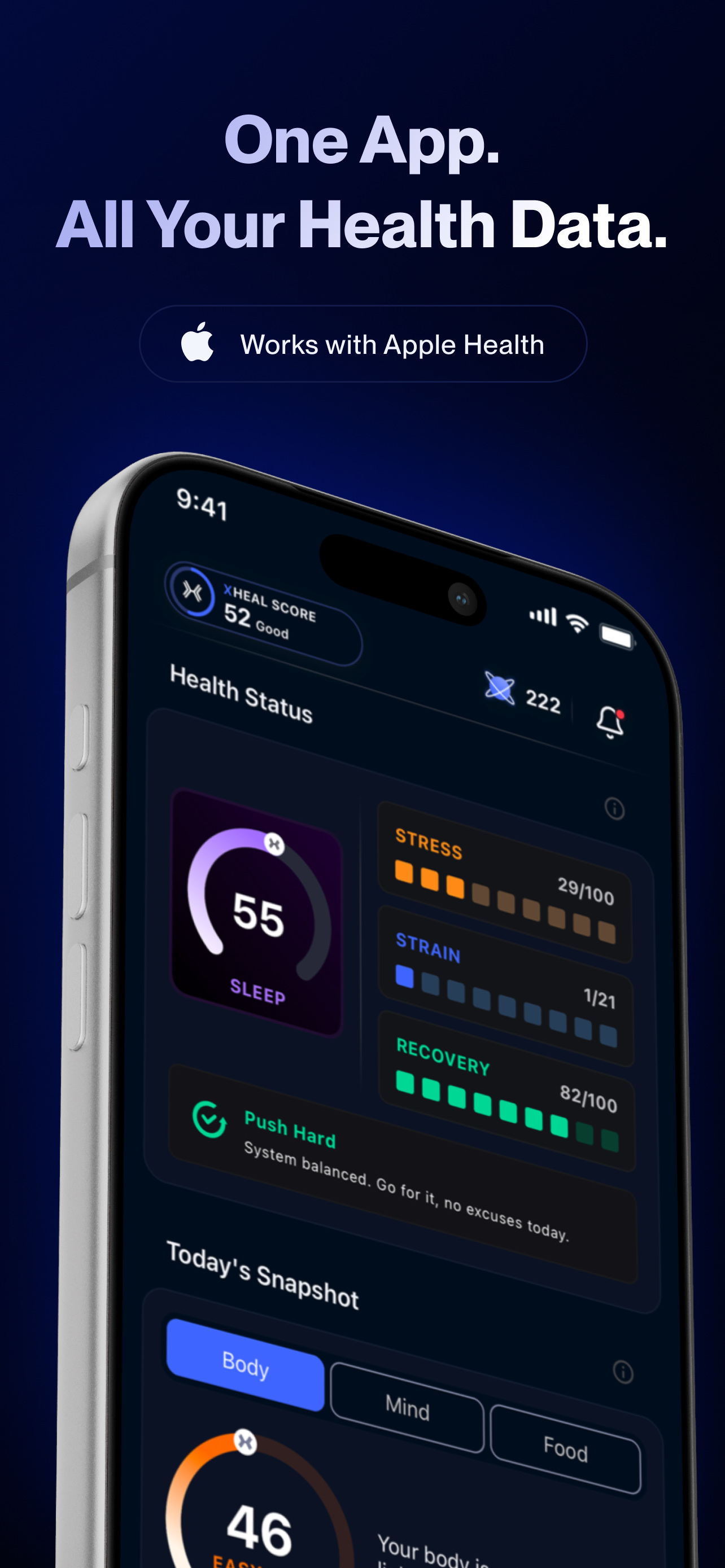 xHeal V2 dashboard connecting Apple Health data with Health Status and Today's Snapshot