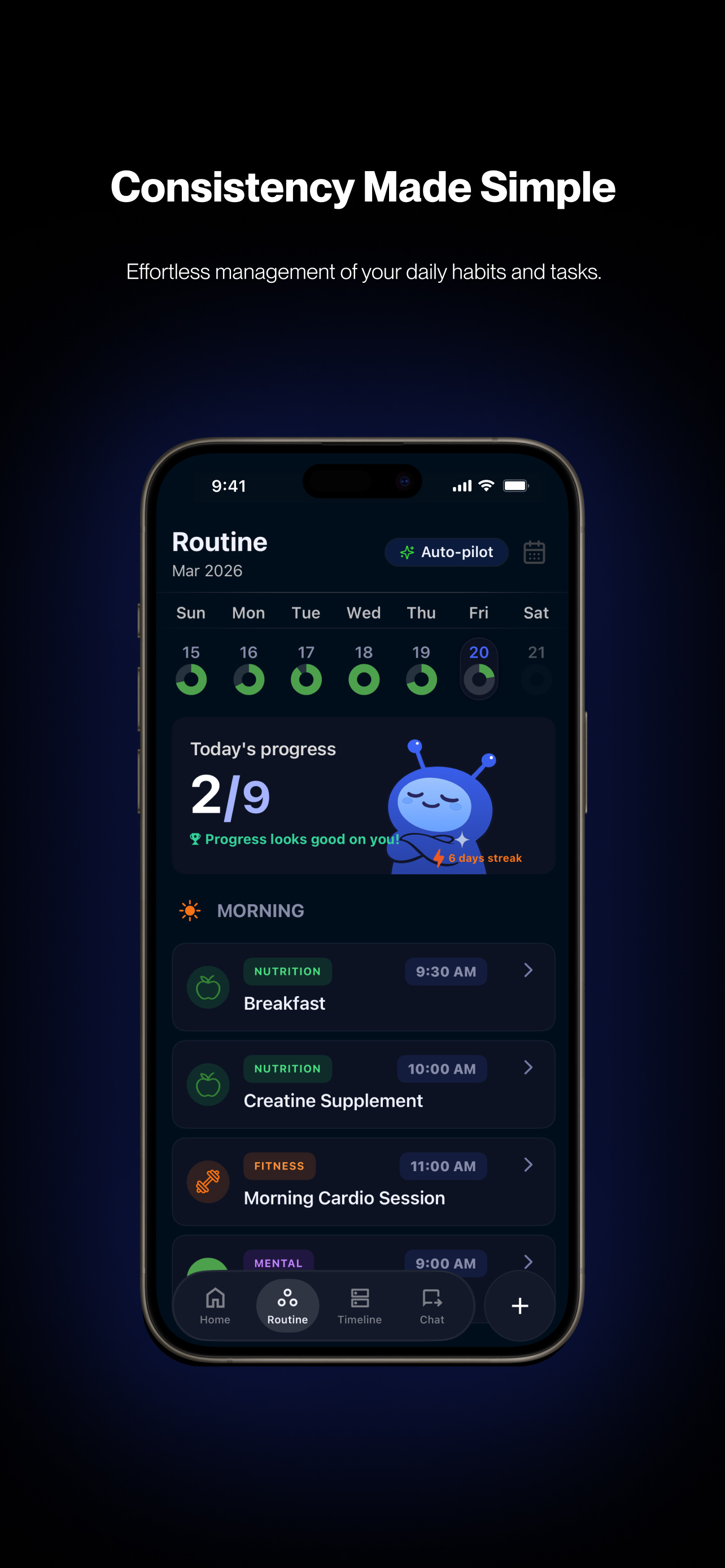 xHeal daily routine combining nutrition, fitness, and mental wellbeing tasks