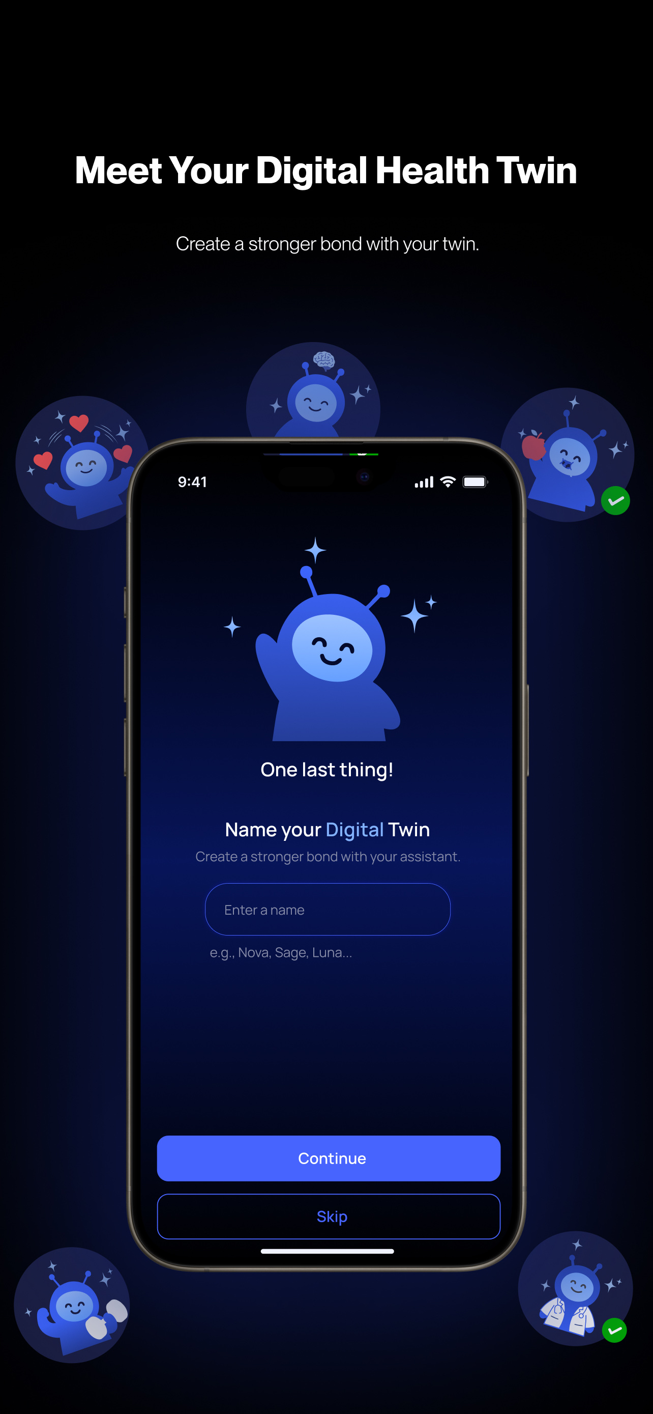 xHeal onboarding screen for naming a personal Digital Health Twin