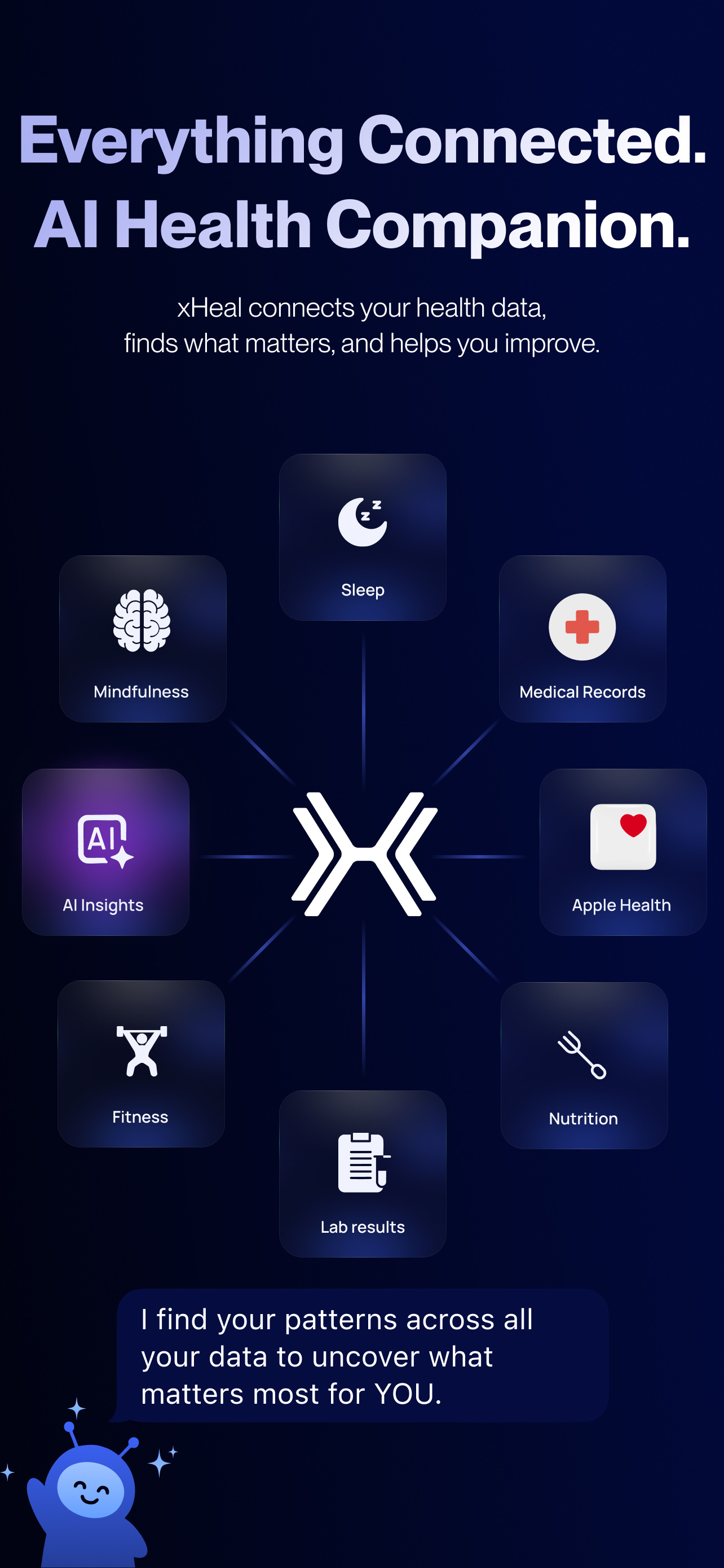 xHeal connecting mindfulness, sleep, records, Apple Health, nutrition, fitness, labs, and AI insights