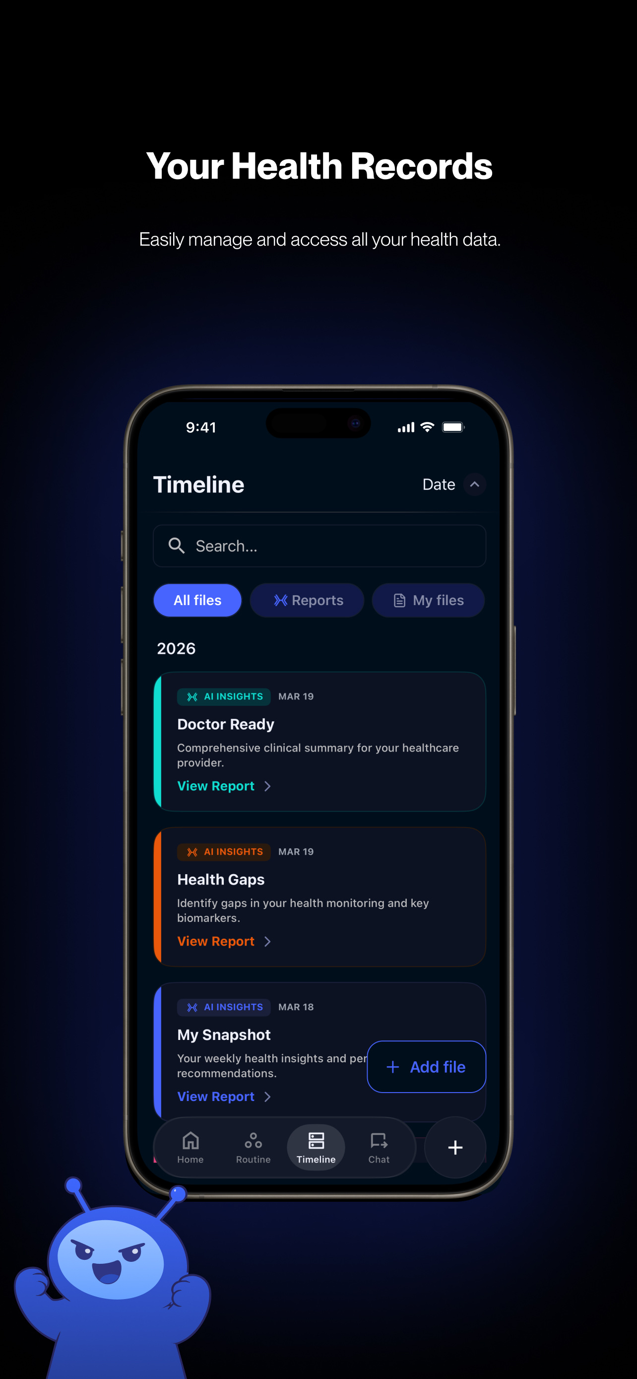 xHeal health timeline organizing reports, records, and AI-powered summaries